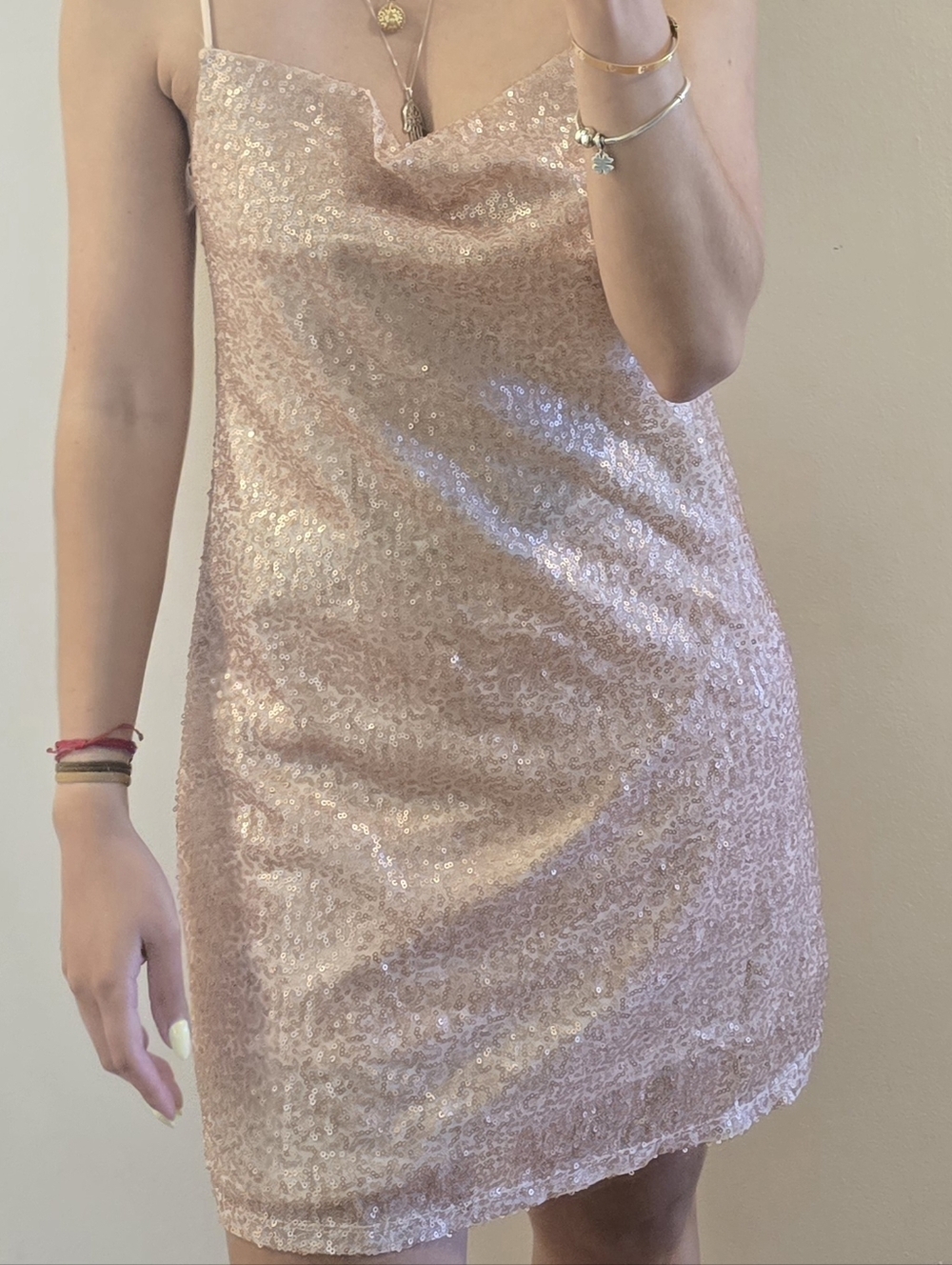 American Eagle Outfitters Blush Pink Sequin Cowl-Neck Mini Dress